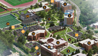 Partial overhead picture of Coppin State University campus with numbers and letter indicating specific campus points of interest