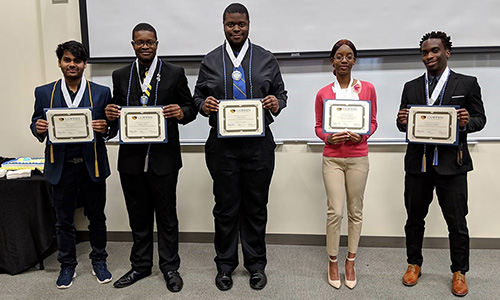 Honors Program 2019 Graduates (l-r): Anil Yadav, Obinna Iwuji, Chima Iwuji, Lunnise Gibson, and Keenan Forbes, pose with their Honors Cords, Medallions, and Certificates of Achievement