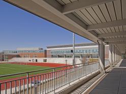 View from an outside deck of the Coppin State University Physical Education Complex overlooking the track and field.