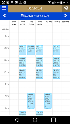 Screenshot of a weekly calendar in the Eagle Mobile app with blue squares representing dates and times for classes