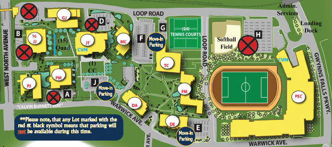 Coppin State University campus map for available parking on move-in day