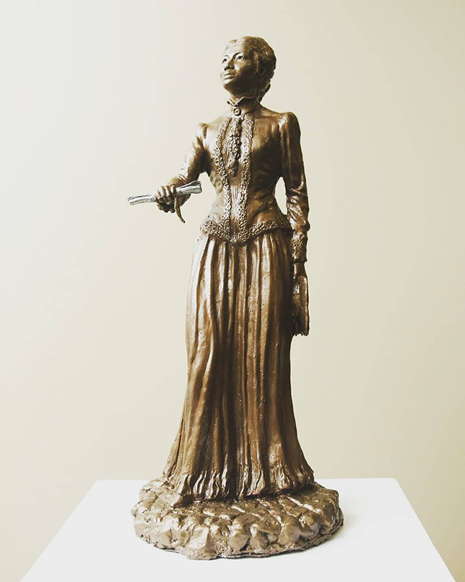 Bronze full0body statue of Fanny Jackson Coppin, the woman Coppin State University is named for