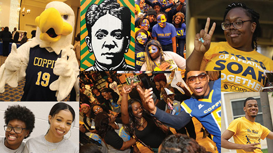 Mashup of 8 pictures of Coppin students, smiling and wearing Coppin State University paraphernalia. 