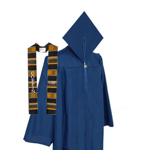 Coppin State University Kente Stole, blue cap, gown and tassel