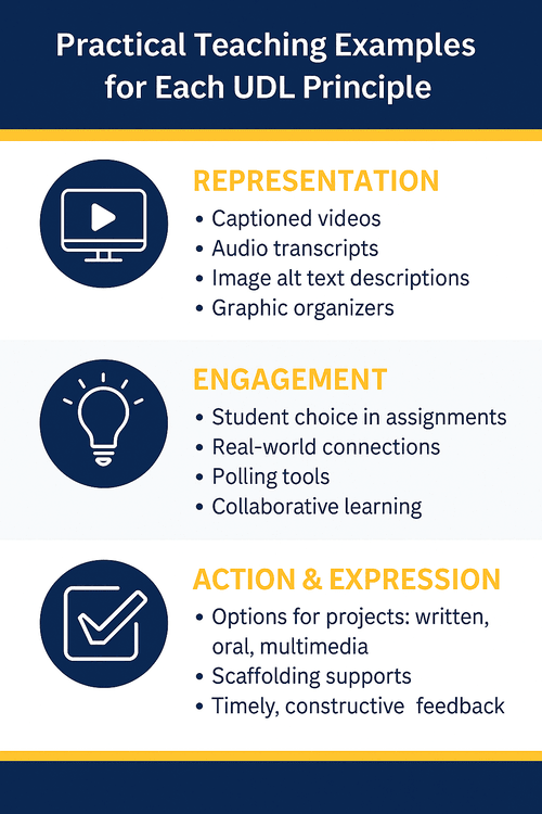 Examples of each udl principle: representation: captioned videos, engagment: polling tools, action and expression: timely feedback