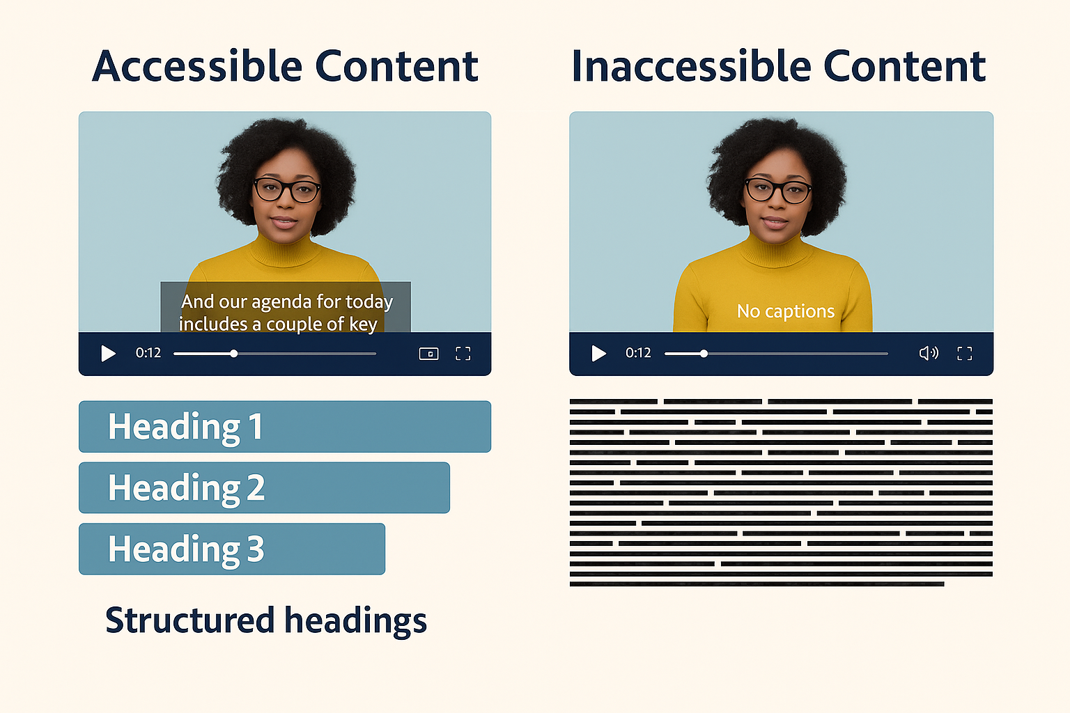 A side-by-side infographic compares accessible and inaccessible digital course content. On the left, labeled "Accessible Content," a video player shows a woman speaking with accurate captions displayed: “And our agenda for today includes a couple of key points.” Below it are structured blue headings labeled "Heading 1," "Heading 2," and "Heading 3." On the right, labeled "Inaccessible Content," the same video lacks captions, with "No captions" shown on screen. Beneath it is a dense block of unformatted text