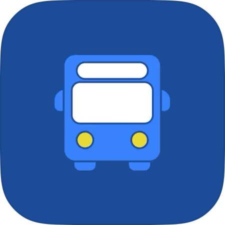BusWhere for Shuttles app icon blue bus with yellow headlights on blue background