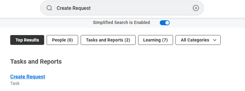 To access the form, type Create Request in the Workday search bar and then click on Create Request