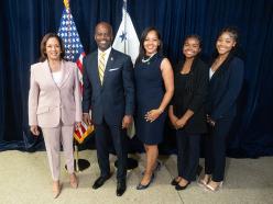 Vice President Kamala Harris with the First Family before a greenhouse gas reduction announcement, Friday, July 14, 2023, in the James Weldon Johnson Auditorium at Coppin State University in Baltimore. (Official White House Photo by Lawrence Jackson)