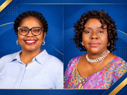 Side-by-side portraits of Nicole Anthony and Loretta N. Baryeh, leaders of Coppin State University’s Project THRIVE, displayed against a blue and gold graphic background.