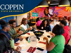 Coppin State University logo alongside students sharing a meal and engaging in conversation during a community-based learning experience with BreadCoin.