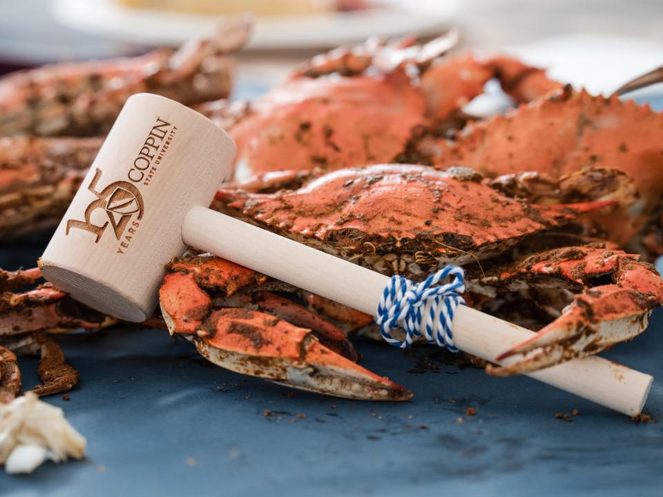 Steamed crabs with Coppin branded mallet.