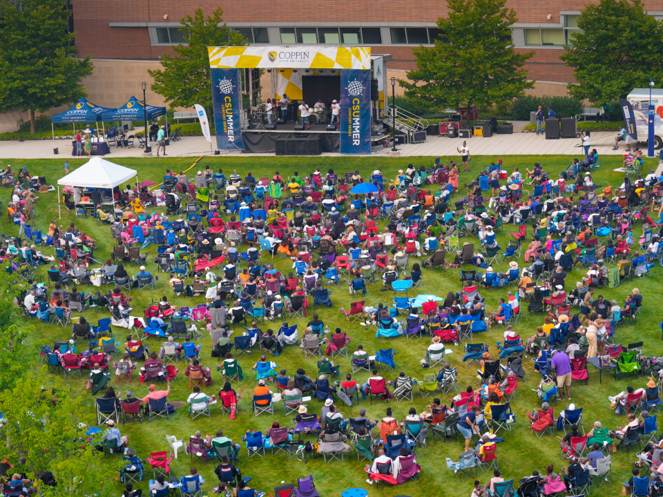 Overhead group photo during Coppin Summer Concert of the crowd and stage