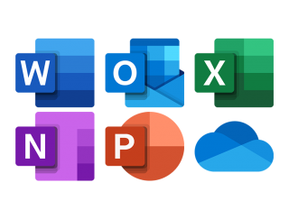 The logos for Microsoft Word, Office, Excel, Access, PowerPoint, and OneDrive
