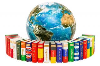 Languages Books with Earth Globe, 3D rendering isolated on white background