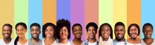 Colorful collage of cheerful young men and women