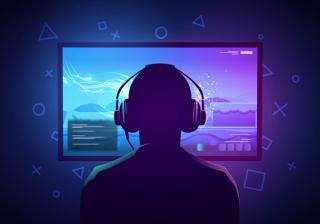Illustration Young Gamer wearing Headphone Sit In Front Of A Screen And Playing Video Game