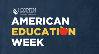 American Education Week in white writing against a blue background