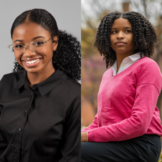 2023 HBCU Scholars - on the left, a young black woman wearing a black shirt and wearing glasses. On the right, a young black woman wearing a pink sweater and black pants