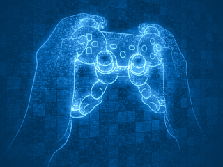 An outlined illustration of hands holding a gaming controller