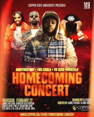 Babyface Ray, YBS Skola, YG Teck, VickeeLo. Homecoming Concert. Thursday, February 22, 2024. James Weldon Johnson Auditorium. Doors open 7pm. Showtime 8pm. $25 until 2/18. $35 after. Online only. Sounds by DJ Foqus. Hosted by James Young, IV and Doye