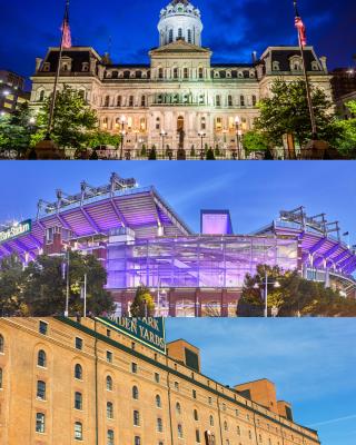 Graphic of City Hall, Ravens Stadium and, Camden Yards