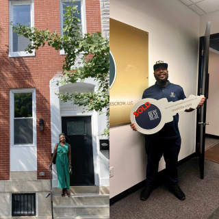 Side-by-side photo collage celebrating a home purchase. Left: A woman in a green jumpsuit smiles while standing in front of a brick Baltimore-style rowhome with a black door. Right: A man wearing a Coppin State University polo shirt and cap holds a large key-shaped 'SOLD' sign from Real Estate Settlements & Escrow, LLC in a title company office."