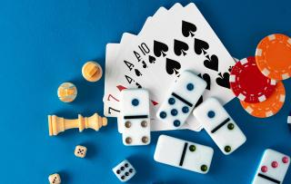 Playing cards and game pieces.