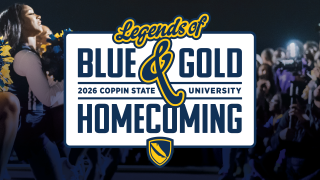Coppin cheerleader image overlayed with 2026 Homecoming logo
