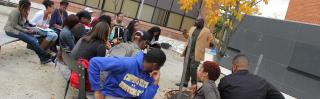 Professor and students in class in an outdoor setting on campus