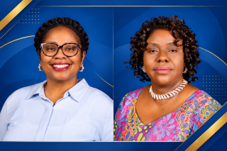 Side-by-side portraits of Nicole Anthony and Loretta N. Baryeh, leaders of Coppin State University’s Project THRIVE, displayed against a blue and gold graphic background.