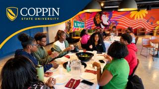 Coppin State University logo alongside students sharing a meal and engaging in conversation during a community-based learning experience with BreadCoin.