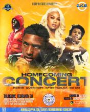 Homecoming Concert on Thursday, February 20, 2025. Featuring Rob49, Queen Key, KP Skywalka, and Bc tae. Doors open at 7 p.m., showtime is 8 p.m. On site parking is $7.